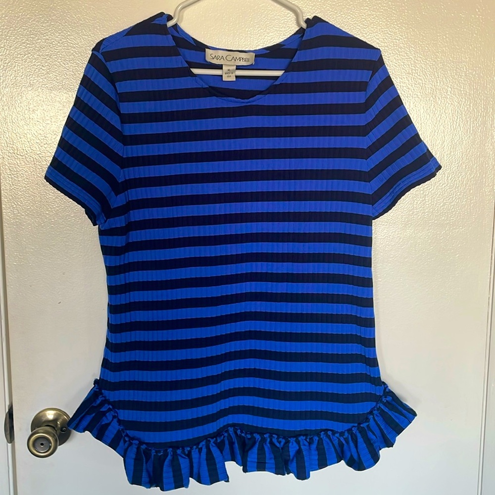 Sara Campbell blue striped ruffled peplum top SZ XL